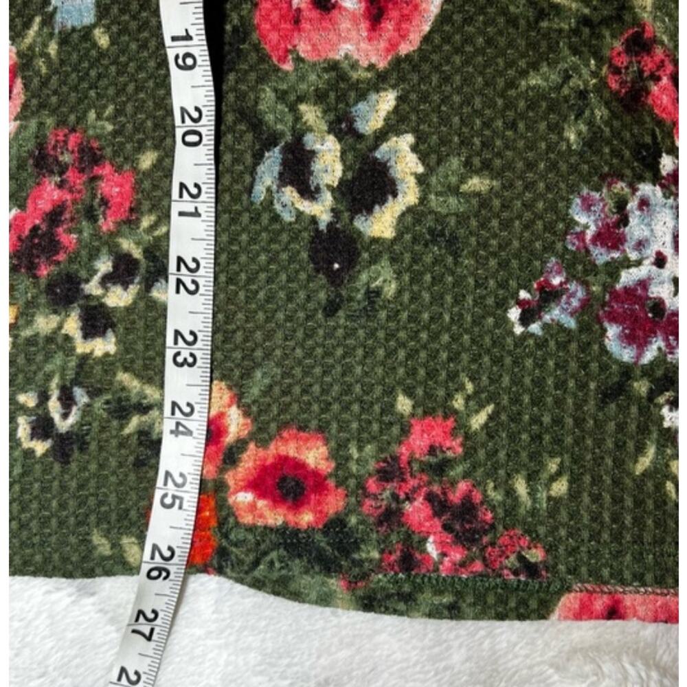 Green Pink Floral Print Waffle Knit Long Sleeve V-Neck Top Women’s Size Large - Picture 6 of 10